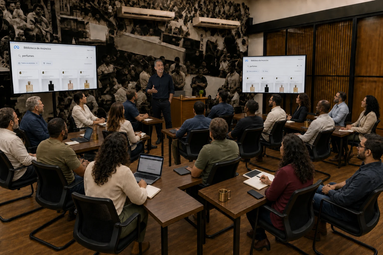 Fernando Radash palestrando para uma turma presencial no Ninna Hub, com a Biblioteca de Anúncios da Meta nas duas telas